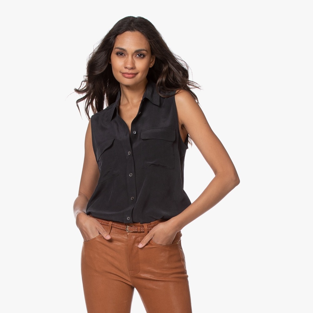 Equipment Silk Button Down Sleeveless Top, Black
